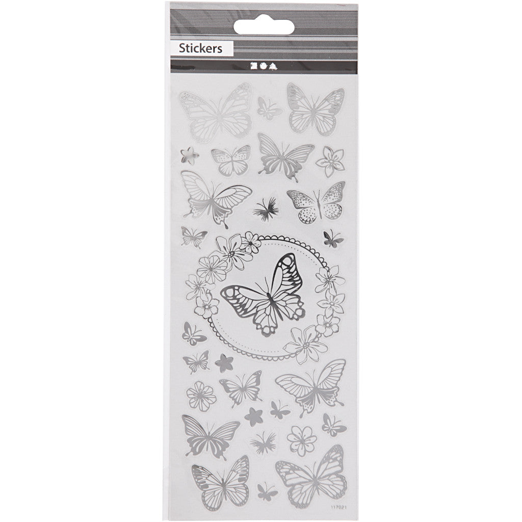Sticker mit Sternen, Schmetterling, Blatt 10x24 cm, ca. 28 Stk, Silber, 1 Bl. [HOB-29143]