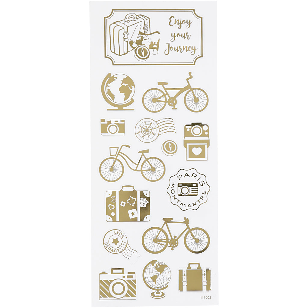 Stickers, round the world, sheet 10x24 cm, ca. 15 pc, gold, 1 sheet
