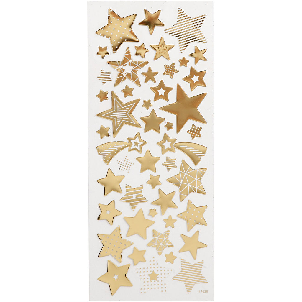 Stickers, stars, sheet 10x24 cm, ca. 52 pc, gold, 1 sheet