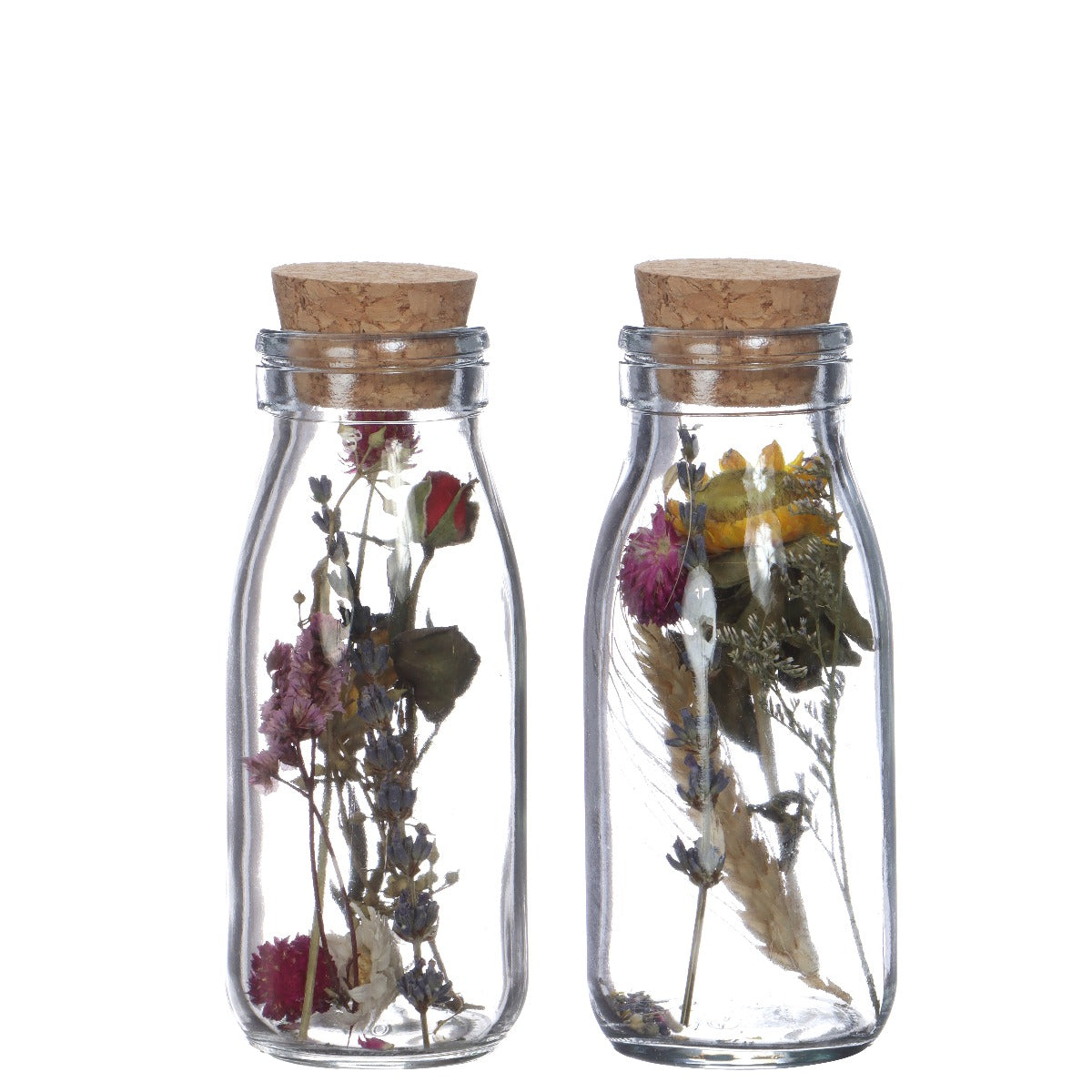 Glass milk bottle with 2 different dried flowers Ø6cm (12 pcs.)