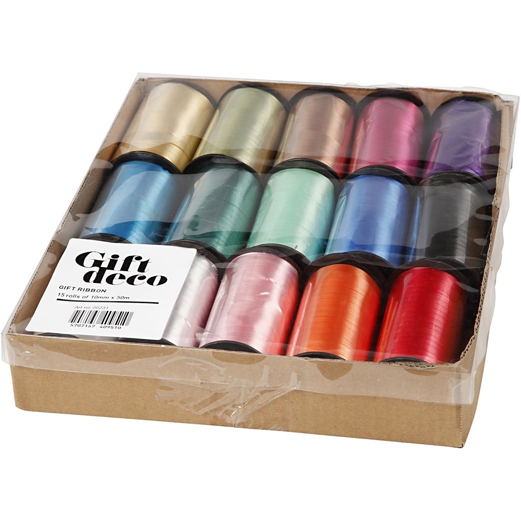 Kräuselband - Sortiment , B 10 mm, Glänzend, Sortierte Farben, 15x50 m/ 1 Pck [HOB-20231]