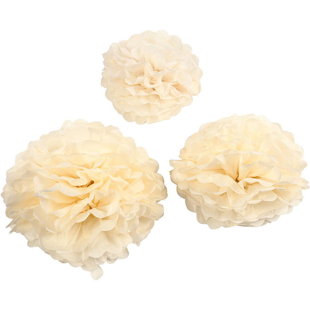 Seidenpapier-Pompons, D 20+24+30 cm, 16 g, Naturweiß, 3 Stk/ 1 Pck [HOB-20472]