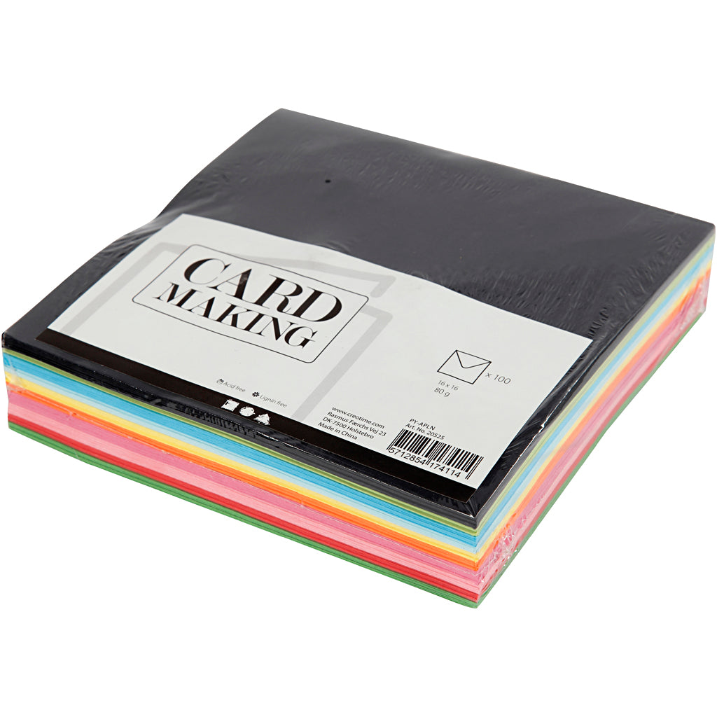 Farbige Briefumschläge - Sortiment, Umschlaggröße 16x16 cm, 80 g, Sortierte Farben, 10x10 Stk/ 1 Pck [HOB-20525]