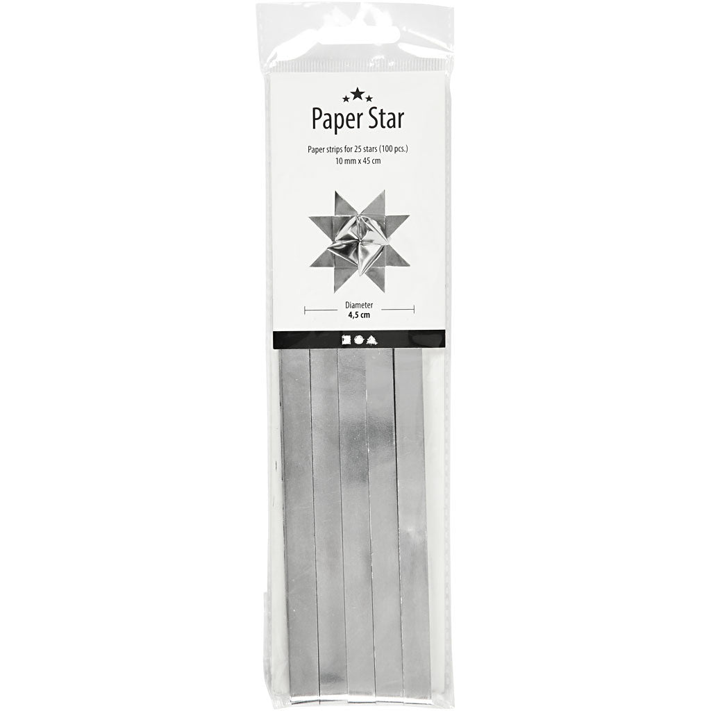 Papierstreifen für Sterne, L 45 cm, D 4,5 cm, B 10 mm, Silber, 100Streifen/ 1 Pck [HOB-20714]