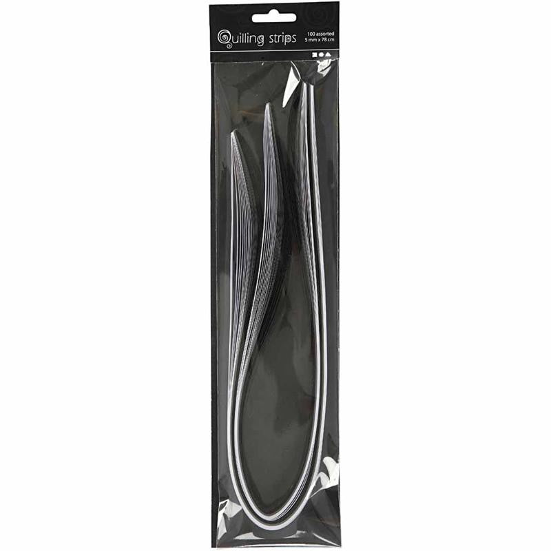 Quilling-Streifen, L 78 cm, B 5 mm, 120 g, Schwarz, Grau, Weiß, 100 Stk/ 1 Pck [HOB-20797]