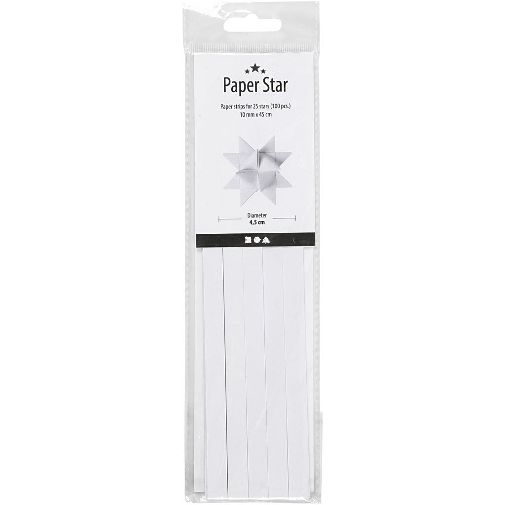 Papierstreifen für Sterne, L 45 cm, D 4,5 cm, B 10 mm, Weiß, 100 Streifen/ 1 Pck [HOB-209310]
