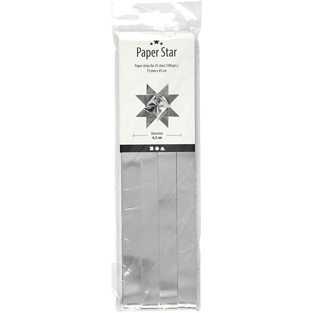 Papierstreifen für Sterne, L 45 cm, D 6,5 cm, B 15 mm, Silber, 100 Streifen/ 1 Pck [HOB-20936]