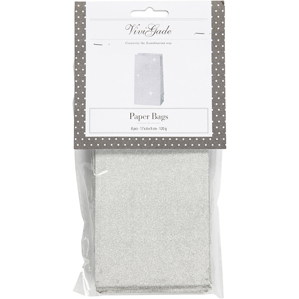 Papiertüten, H 17 cm, Größe 6x9 cm, 120 g, Silber, 8 Stk/ 1 Pck [HOB-23137]