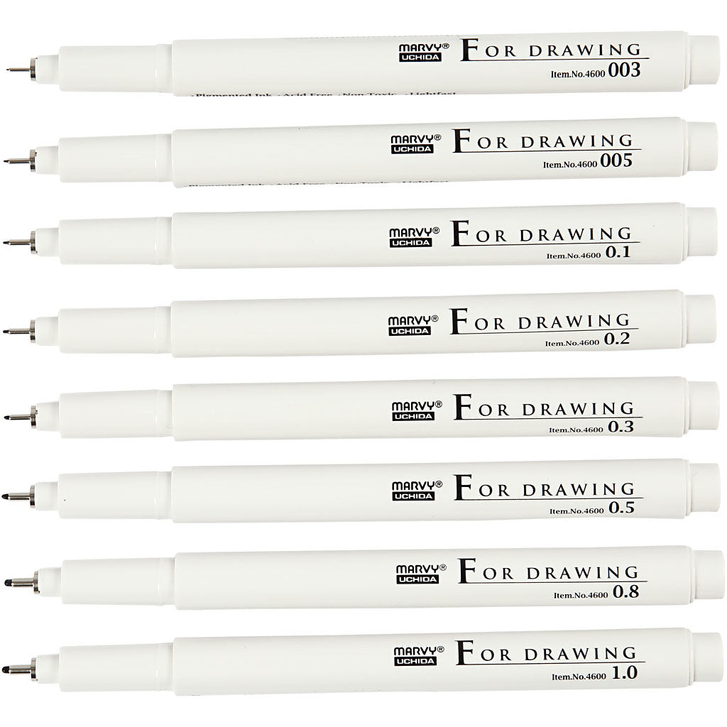 Fine Line Marker - Sortiment, Strichstärke 0,03+0,05+0,1+0,2+0,3+0,5+0,8+1,0 mm, Schwarz, 8 Stk/ 1 Pck [HOB-25011]