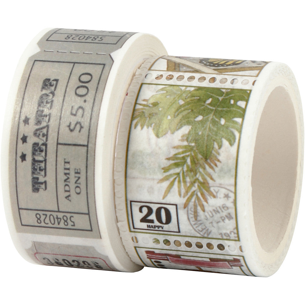 Washi Tape, Ticket- und Naturmotive, L 3+5 M, B 20+25 mm, 2 Rolle/ 1 Pck [HOB-25242]