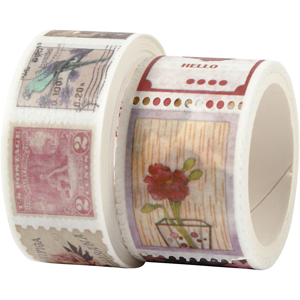 Washi Tape, Briefmarken- und Blumenmotive, L 3+5 M, B 20+25 mm, 2 Rolle/ 1 Pck [HOB-25244]