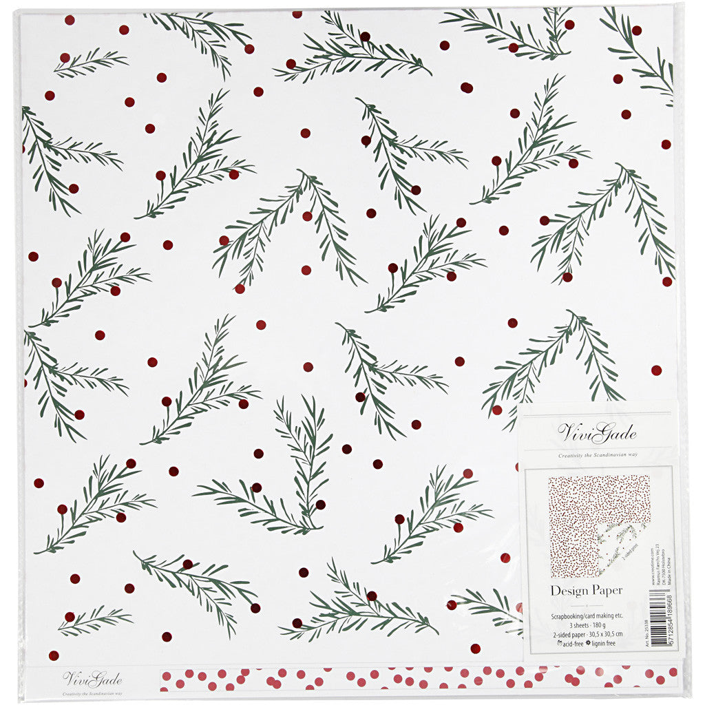Design-Papier, Fichtenzweige & Punkte, Blatt 30,5x30,5 cm, 180 g, Gold, Grün, Rot, Weiß, 3 Bl./ 1 Pck [HOB-25338]