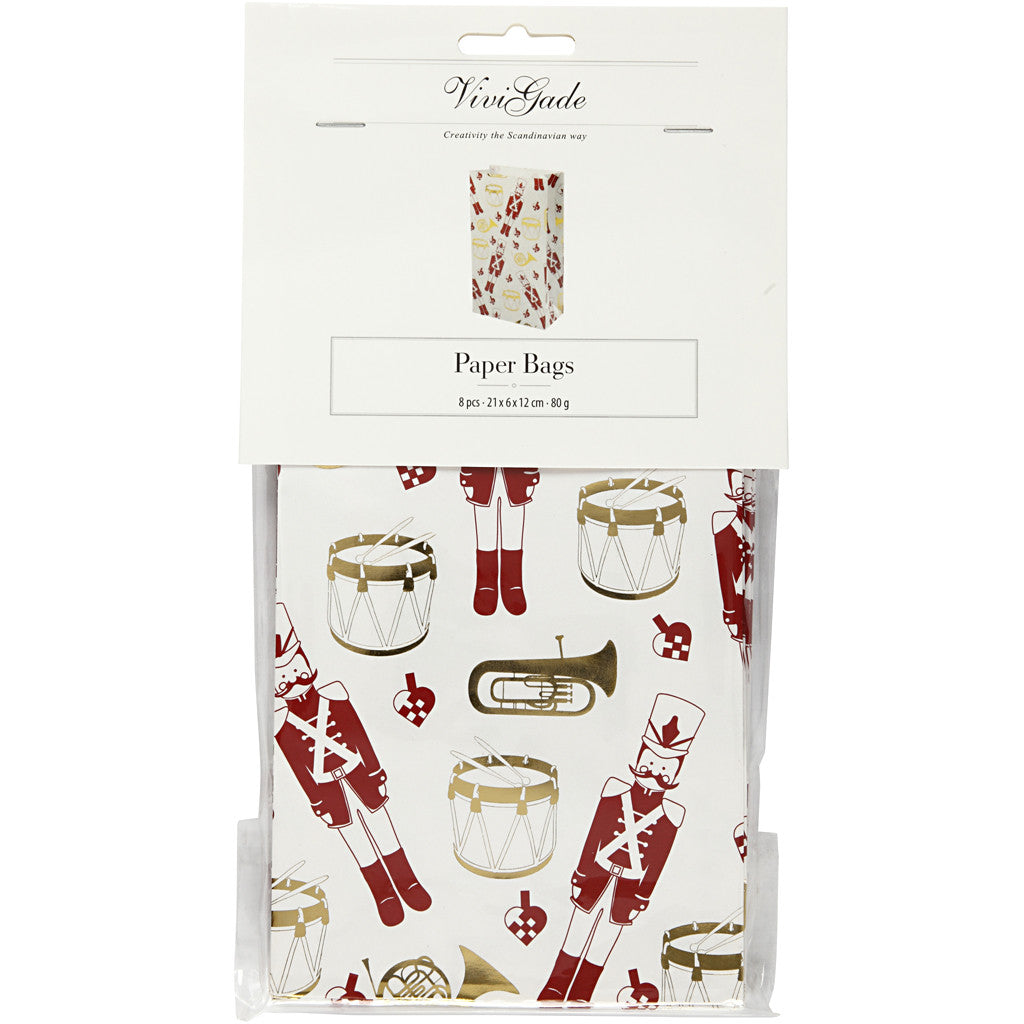 Papiertüten, Nussknacker, H 21 cm, Größe 6x12 cm, Gold, Rot, Weiß, 8 Stk/ 1 Pck [HOB-26297]