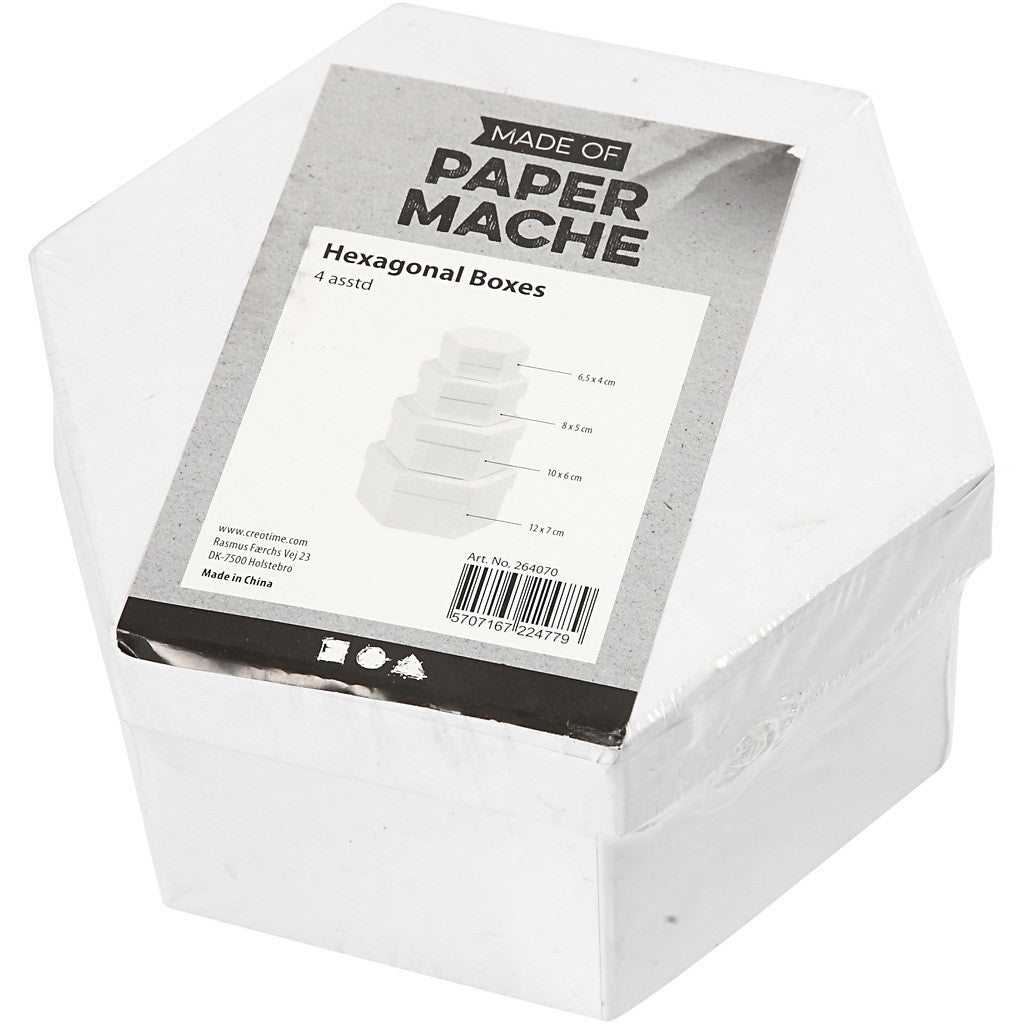 Schachteln, sechseckig, H 4+5+6+7 cm, D 6,5+8+10+12 cm, Weiß, 4 Stk/ 1 Set [HOB-264070]