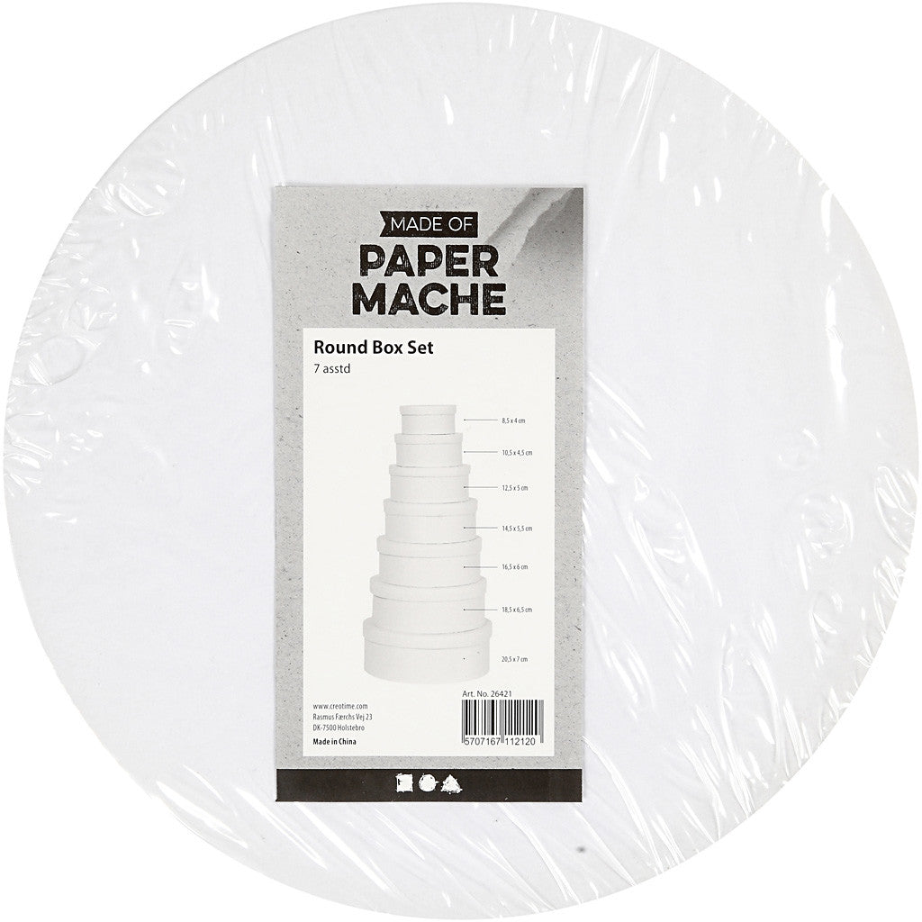 Runde Geschenkkartons, H 4+4,5+5+5,5+6+6,5+7 cm, D 8,5+10,5+12,5+14,5+16,5+18,5+21,5 cm, Weiß, 7 Stk/ 1 Set [HOB-26421]