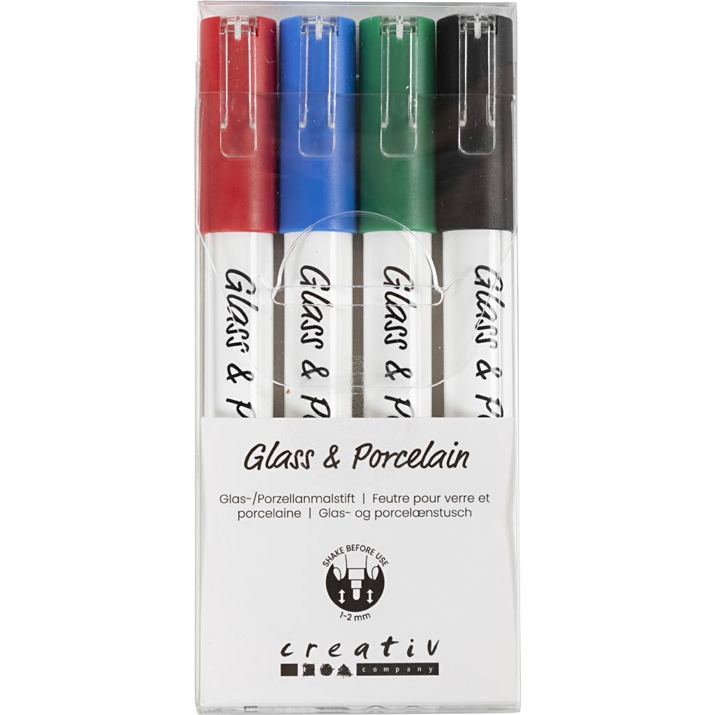 Glass & Porcelain Marker, line 1-2 mm, semi opaque, black, blue, green, red, 4 pc
