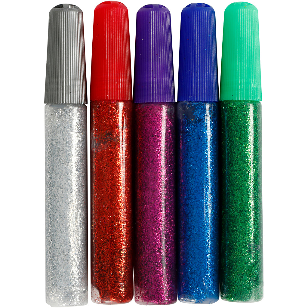 Glitter Glue, assorted colours, 5x10 ml
