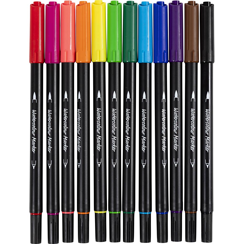Aquarell-Filzstifte, Strichstärke 2+4-8 mm, Standard-Farben, 12 Stk/ 1 Pck [HOB-34339]