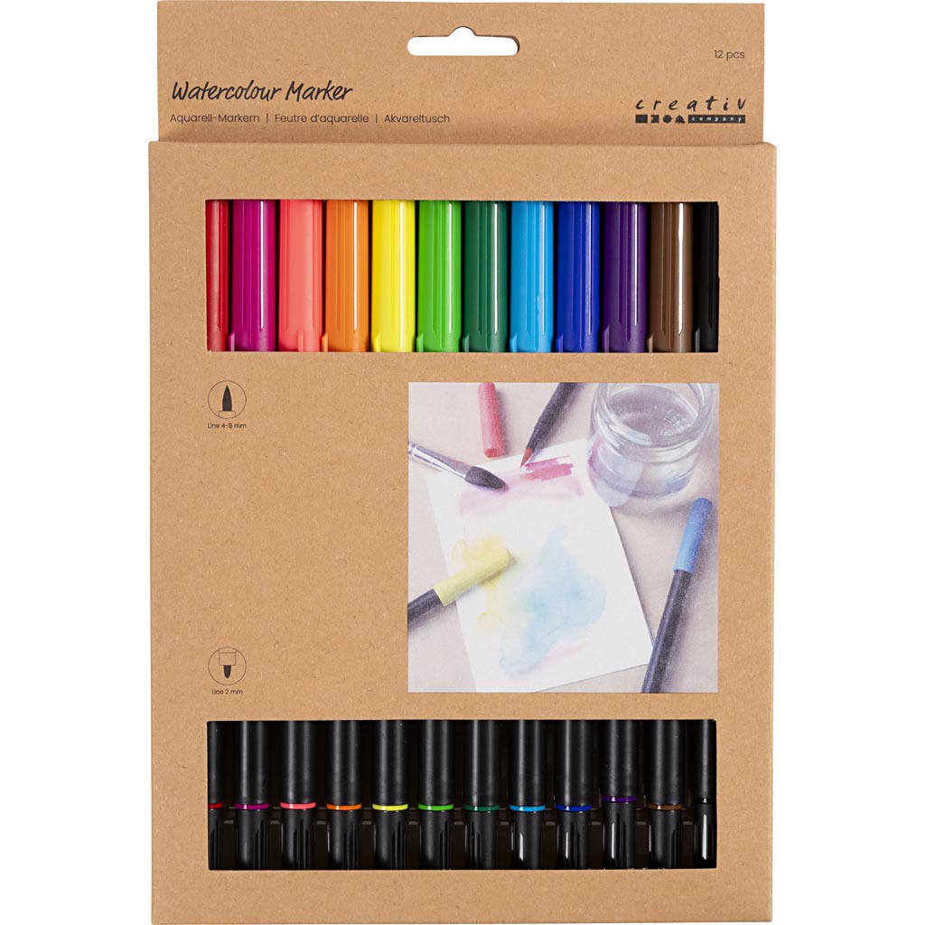 Aquarell-Filzstifte, Strichstärke 2+4-8 mm, Standard-Farben, 12 Stk/ 1 Pck [HOB-34339]