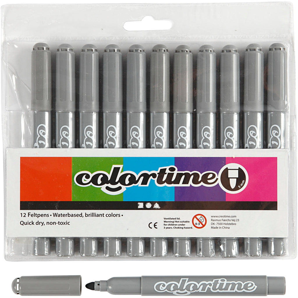 Colortime Markers, line 5 mm, grey, 12 pc