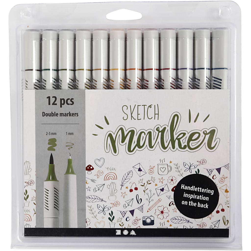 Sketch Marker, Strichstärke 1+2-5 mm, sanfte, dezente Farben, 12 Stk/ 1 Pck [HOB-37379]