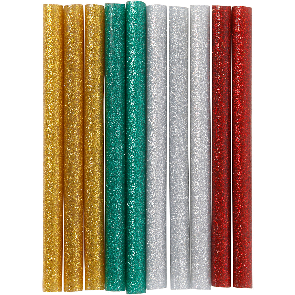 Glue Sticks Mini, L: 10 cm, dia. 7 mm, glitter, gold, green, red, silver, 10 pc
