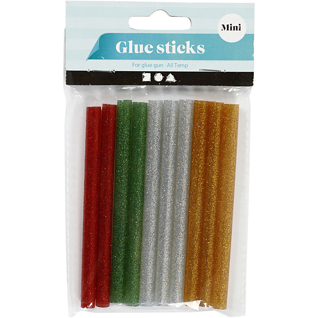 Klebesticks Mini, L 10 cm, D 7 mm, Glitter, Gold, Grün, Rot, Silber, 10 Stk/ 1 Pck [HOB-39137]
