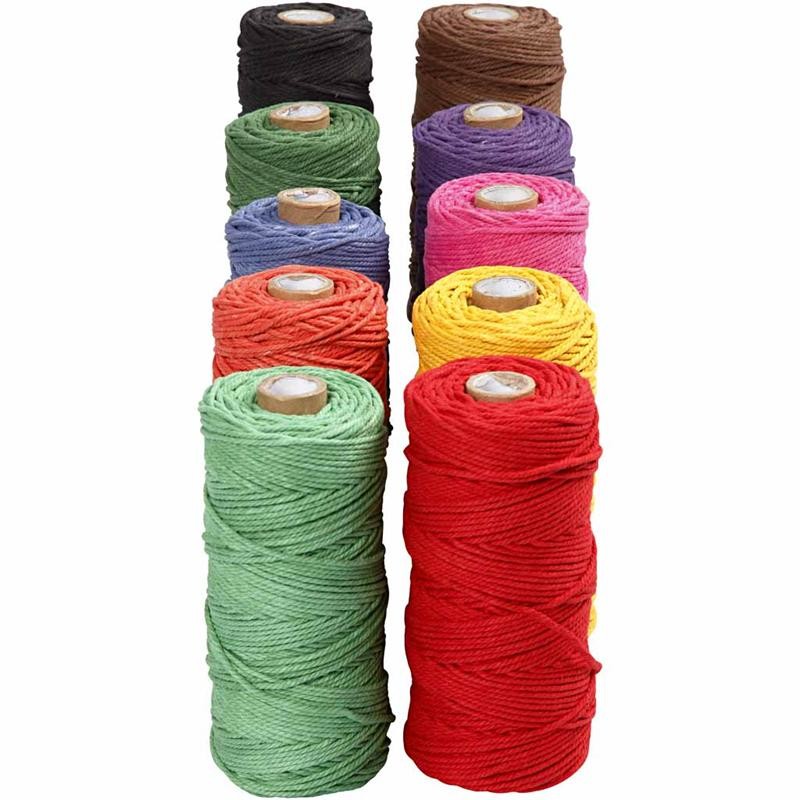 Macramé-Kordel, L 315 M, Dicke 1 mm, Dünne Qualität 12/12, Kräftige Farben, 10x220 g/ 1 Pck [HOB-41525]