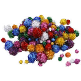 Glitzer-Pompons, D 15-40 mm, Glitter, ca. 75 Stk, Kräftige Farben, 62 g/ 1 Pck [HOB-518920]