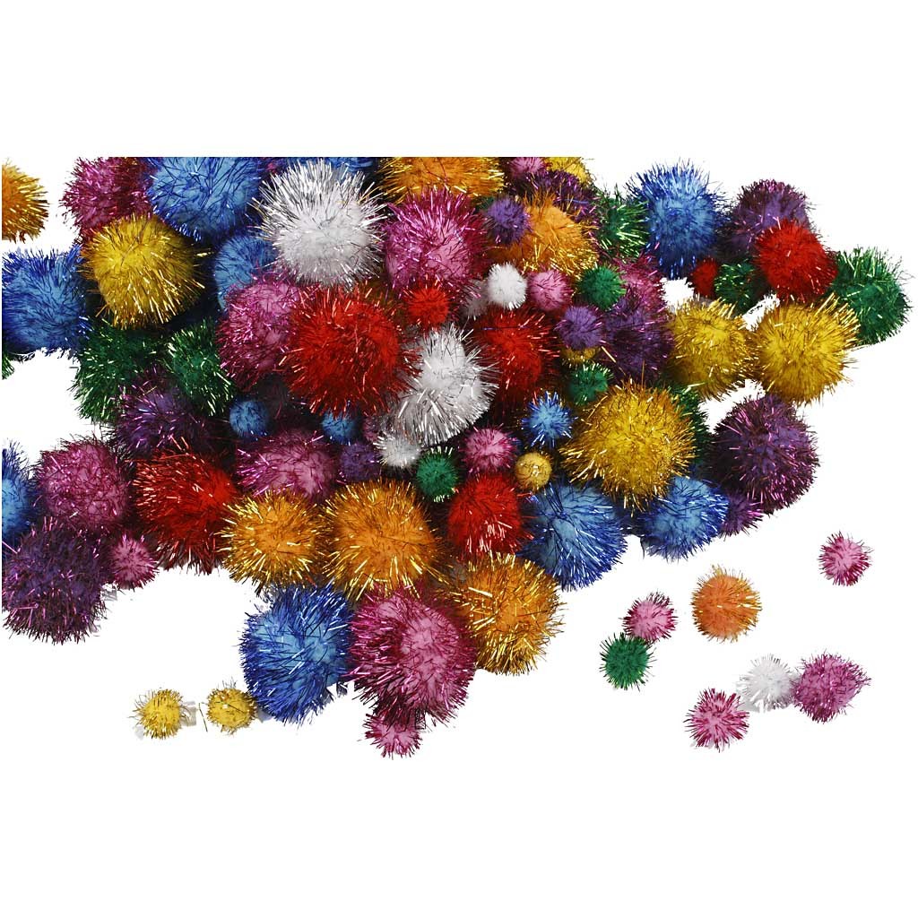 Glitzer-Pompons, D 15-40 mm, Glitter, ca. 400 Stk, Kräftige Farben, 400 g/ 1 Pck [HOB-51892]