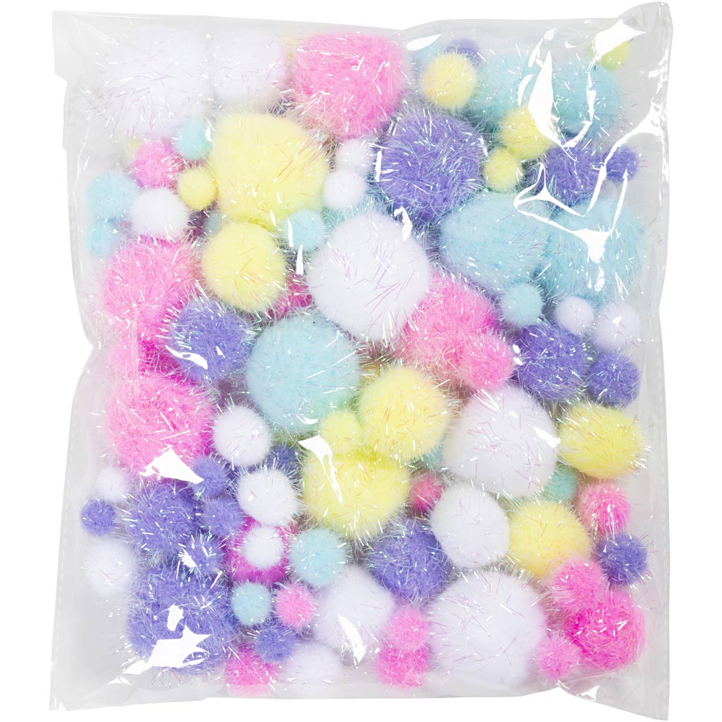 Pompons, D 15-40 mm, Glitter, ca. 75 Stk, Pastellfarben, 62 g/ 1 Pck [HOB-518950]