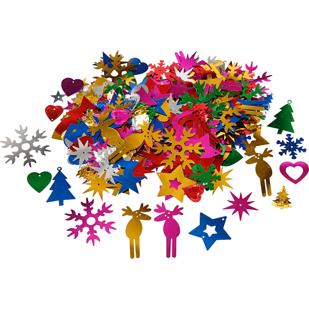 Sequins, size 8-50 mm, bold colours, 400 g