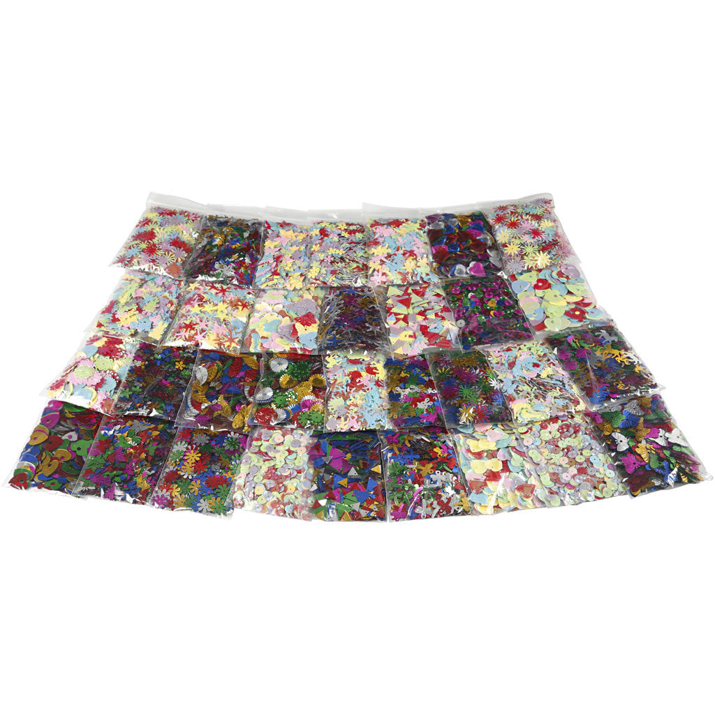 Pailletten-Mix - Sortiment, Größe 7-30 mm, Sortierte Farben, 32x25 g/ 1 Pck [HOB-52253]