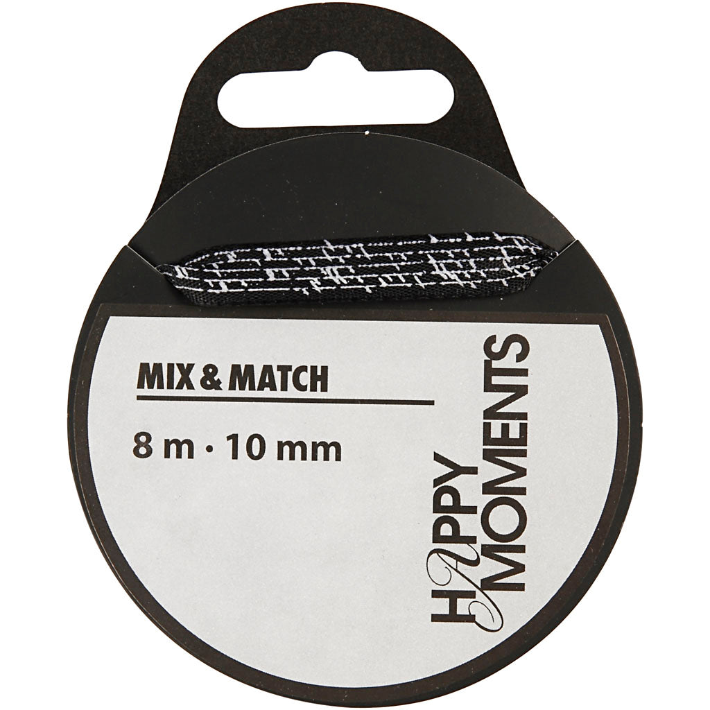 Satin Ribbon With Print, W: 10 mm, black, 8 m/ 1 roll