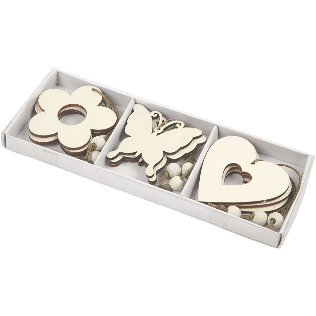 Holzornamente, Blume, Schmetterling, Herz, Größe 6 cm, 9 Stk/ 1 Pck [HOB-56731]