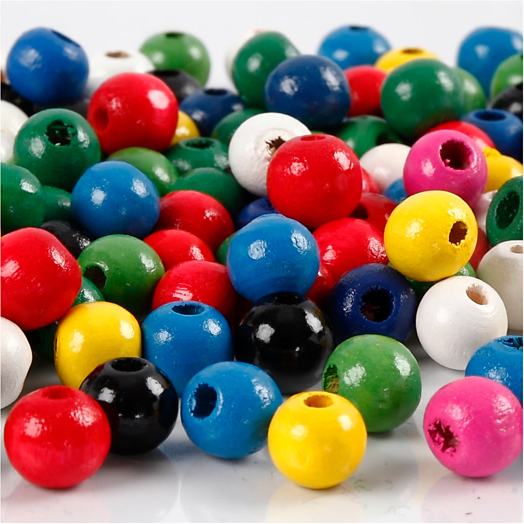 Wooden Beads Mix, dia. 8 mm, hole size 2 mm, ca. 1200 asstd., assorted colours, 200 g