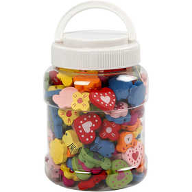 Motiv-Holzperlen, Größe 15-20 mm, Lochgröße 1,5 mm, ca. 325 Stk, 235 g, 700 ml/ 1 Dose [HOB-571050]