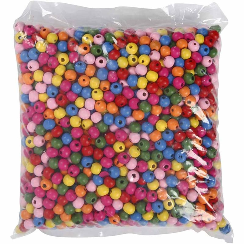 Holzperlen, D 10 mm, Lochgröße 2,5-3 mm, ca. 1500 Stk, Sortierte Farben, 500 g/ 1 Btl. [HOB-57123]