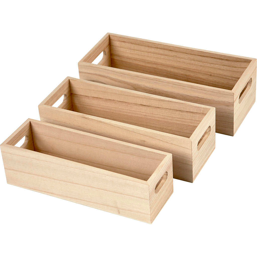 Wooden Storage Boxes, H: 6,5-7,5 cm, L: 22+23,5+25 cm, W: 6,5+7,5+8,5 cm/ 1 set