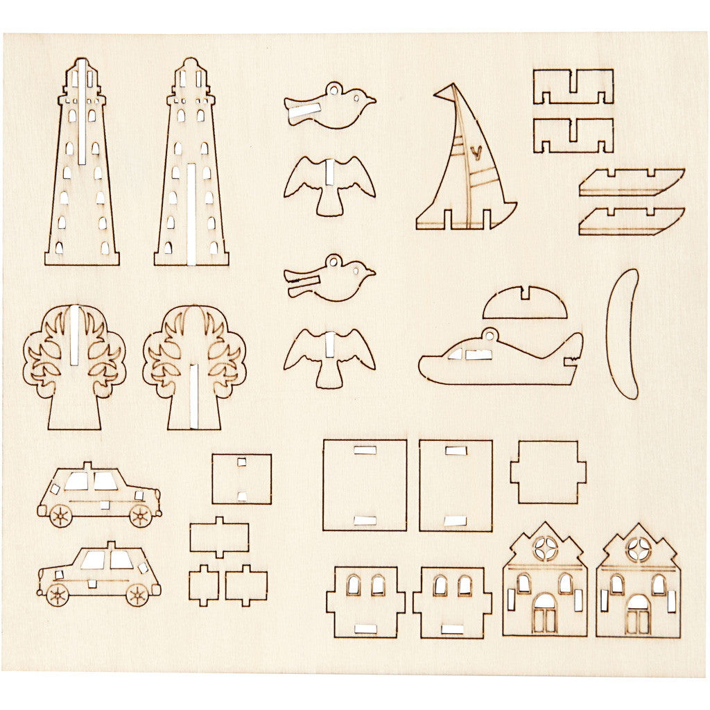 Zusammensteckbare Holzfiguren, Alltagsgegenstände, L 15,5 cm, B 17 cm, Dicke 3 mm, 1 Pck [HOB-57881]