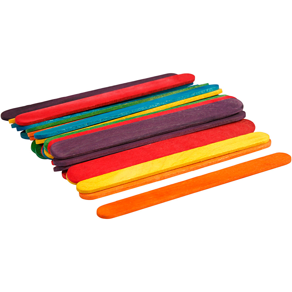 Wood Sticks, L: 11,4 cm, W: 10 mm, assorted colours, 30 pc