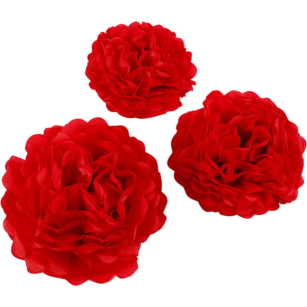 Seidenpapier-Pompons, D 20+24+30 cm, 16 g, Rot, 3 Stk/ 1 Pck [HOB-590003]