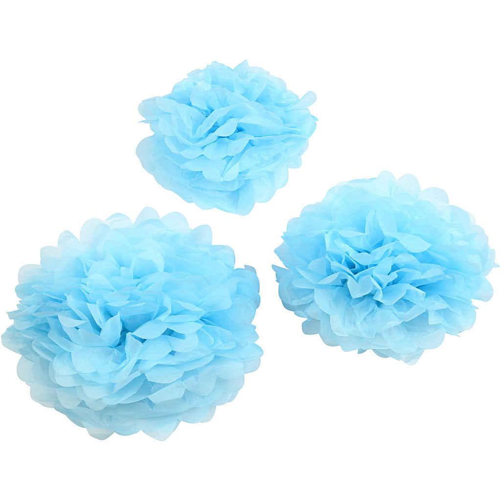 Seidenpapier-Pompons, D 20+24+30 cm, 16 g, Hellblau, 3 Stk/ 1 Pck [HOB-590008]