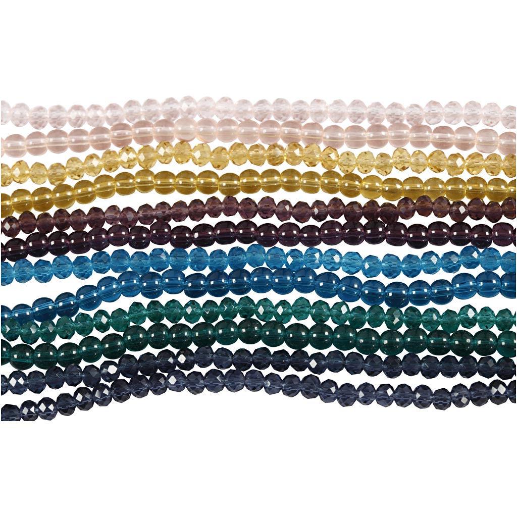 Glas- und Facettperlen - Sortiment, D 4 mm, Lochgröße 1 mm, 12x45Stk/ 1 Pck [HOB-60995]