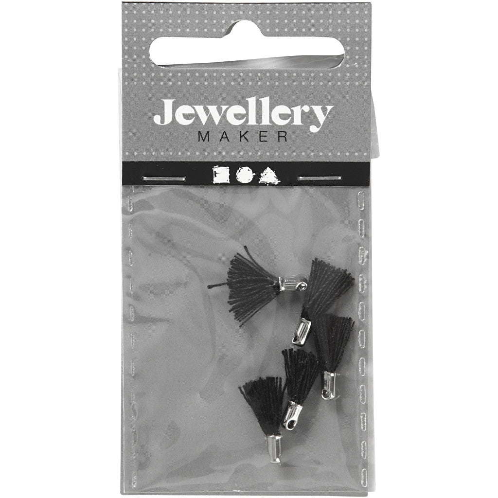 Baumwoll-Troddel, L 10 mm, Lochgröße 1 mm, Schwarz, 5 Stk/ 1 Pck [HOB-61185]