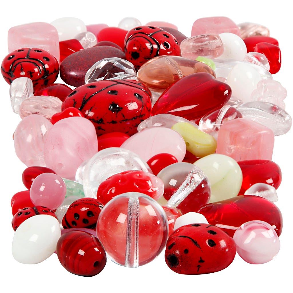 Glass beads, Ladybugs, leaves, hearts, size 5-22 mm, hole size 0,5-1,5 mm, assorted colours, 60 g
