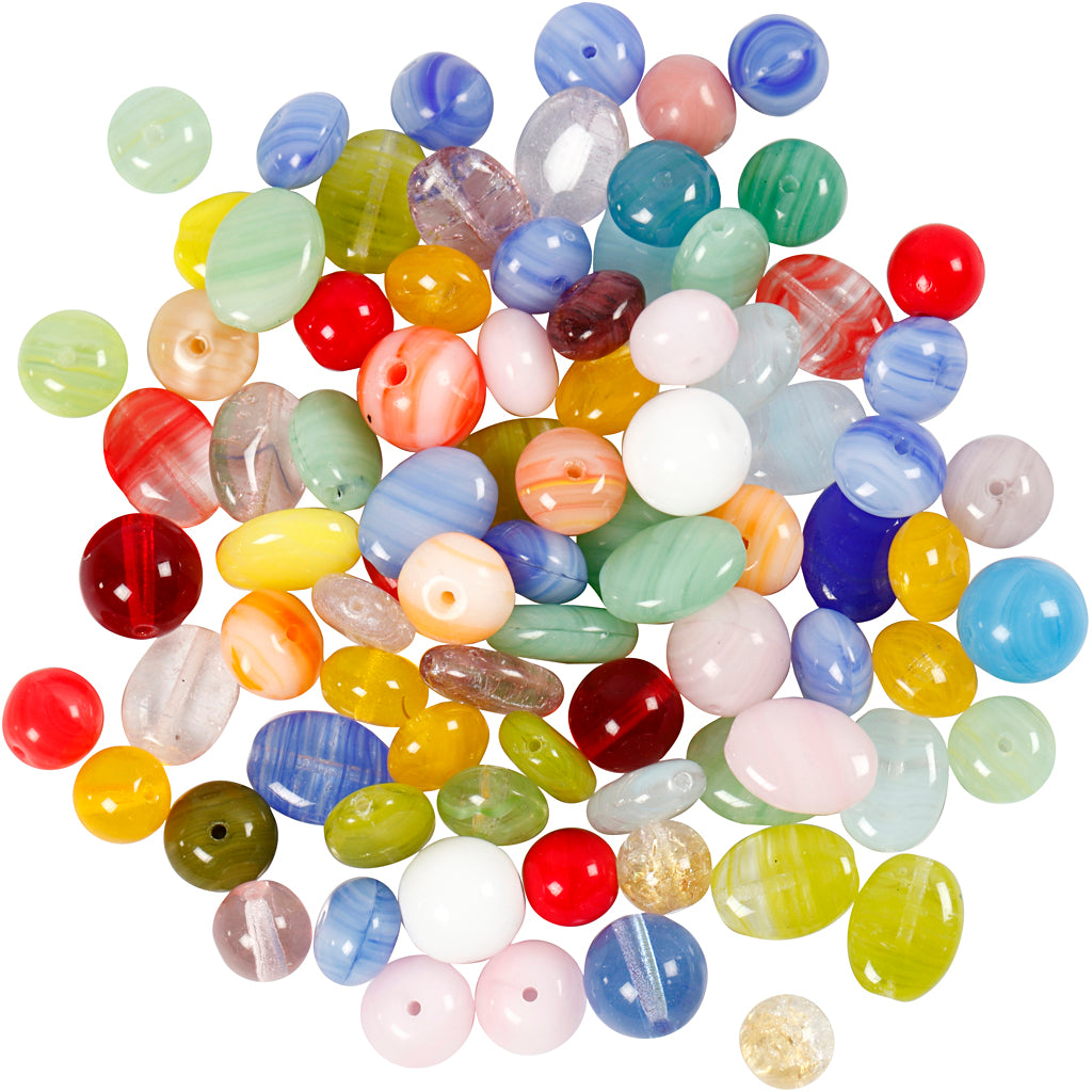 Glasperlen, rund, oval, kreisförmig, D 6-13 mm, Lochgröße 0,5-1,5 mm, Sortierte Farben, 60 g/ 1 Pck [HOB-684250]
