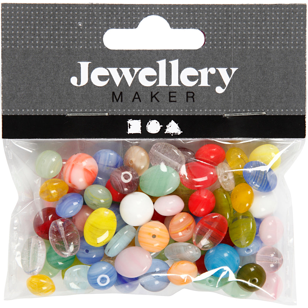 Glasperlen, rund, oval, kreisförmig, D 6-13 mm, Lochgröße 0,5-1,5 mm, Sortierte Farben, 60 g/ 1 Pck [HOB-684250]