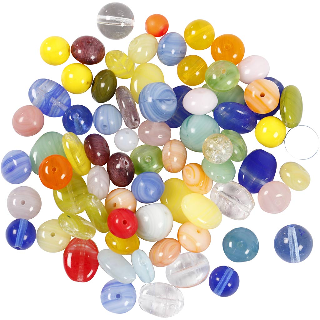 Glasperlen, rund, oval, kreisförmig, D 6-13 mm, Lochgröße 0,5-1,5 mm, Sortierte Farben, 350 g/ 1 Pck [HOB-68425]
