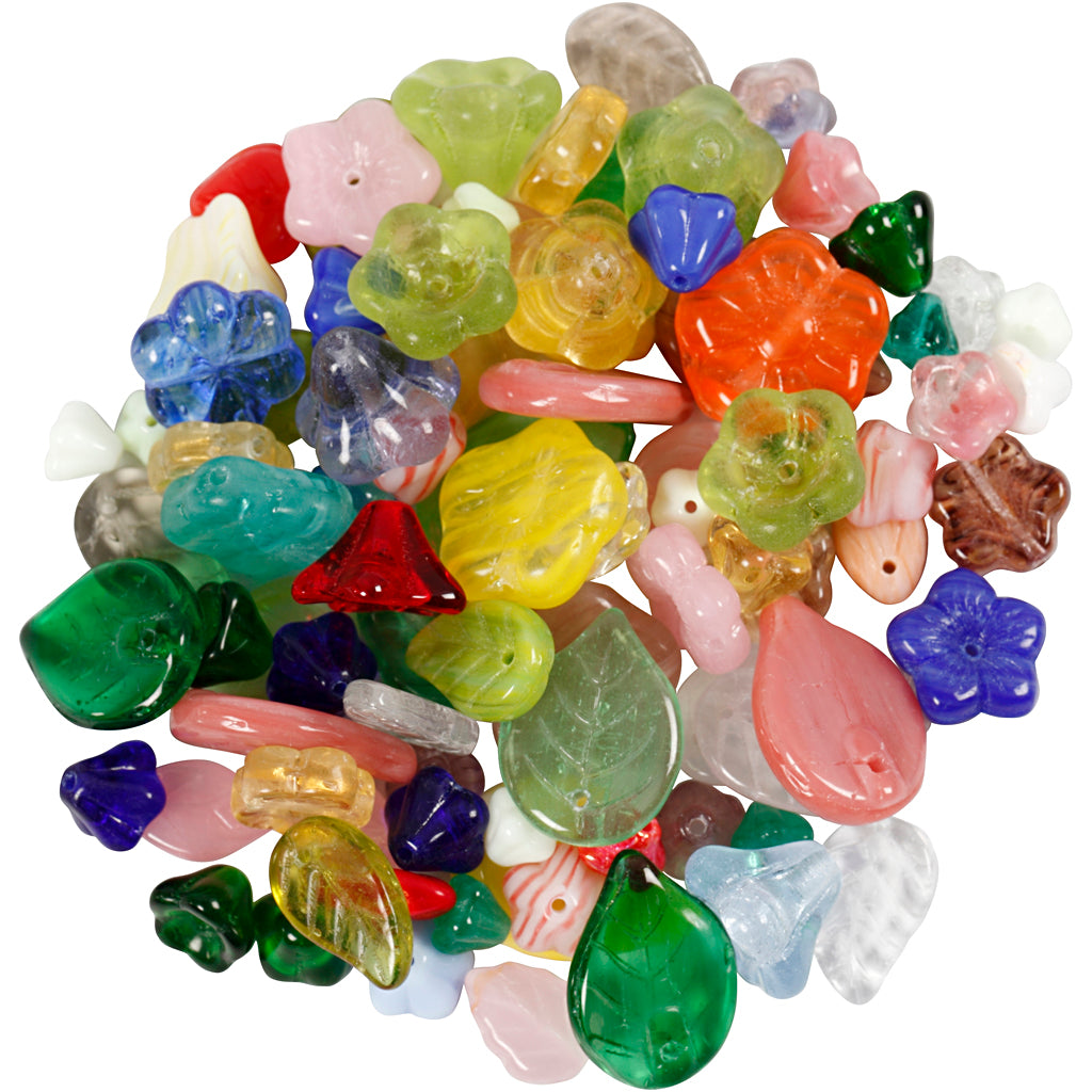 Glasperlen, Blätter, Blumen, D 6-17 mm, Lochgröße 0,5-1,5 mm, Sortierte Farben, 60 g/ 1 Pck [HOB-684260]